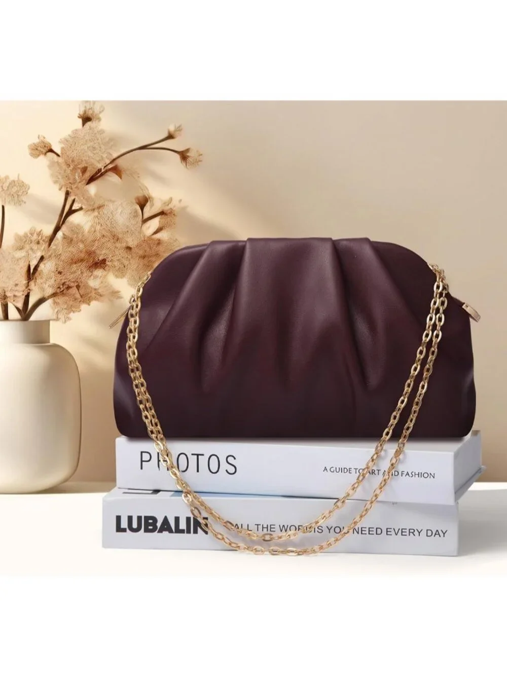 Women's Burgundy Soft Pleated Pu Clutch Purse Elegant Evening Wedding Bag